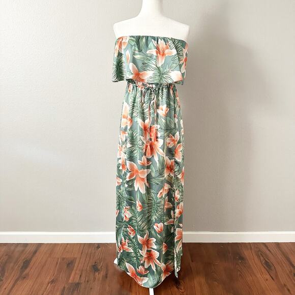 Akira Strapless Green Tropical Floral Flowy Slit Maxi Dress women’s size medium - Picture 2 of 11